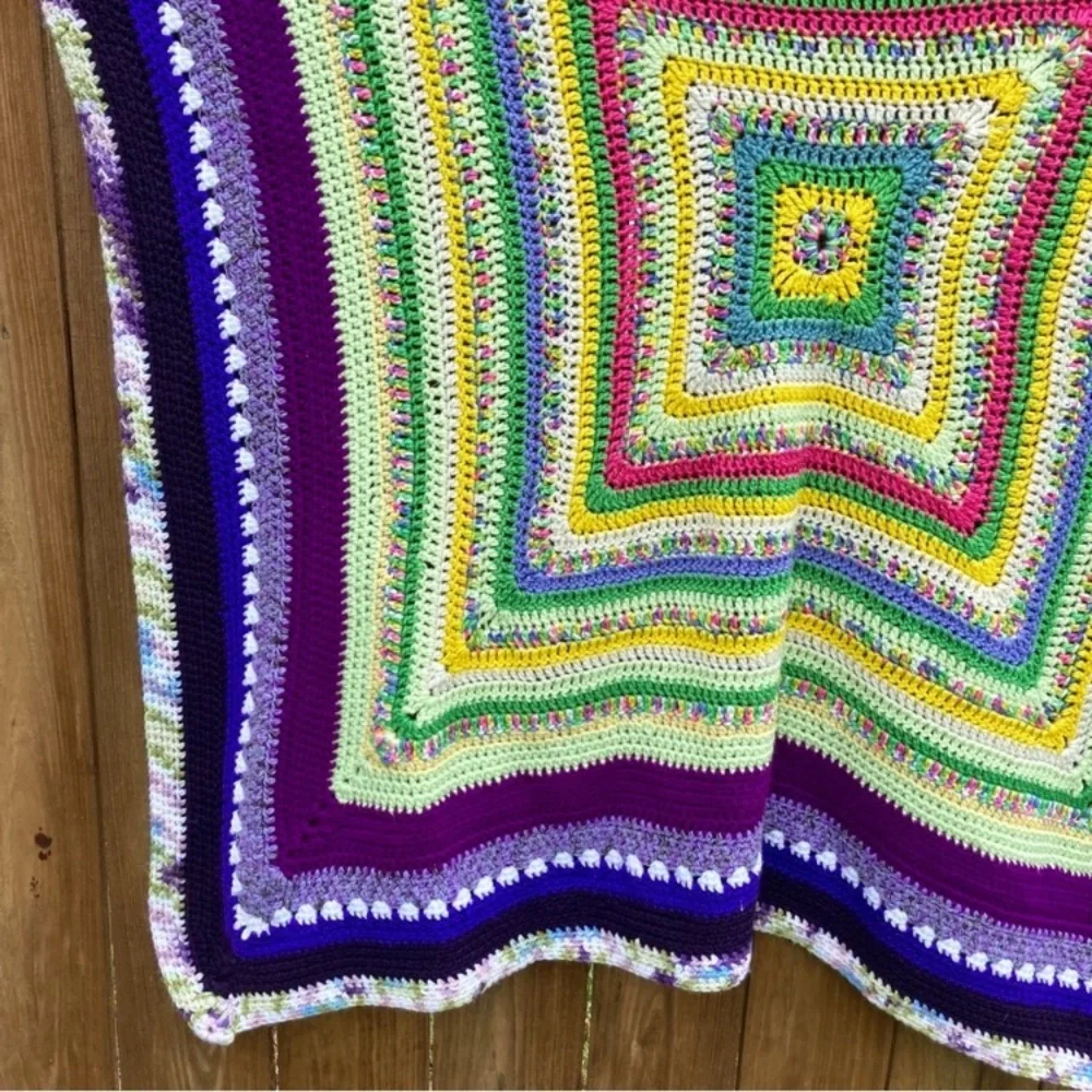 Small Handmade Crocheted Throw Blanket 54” x 52” Purple Green Yellow Pink